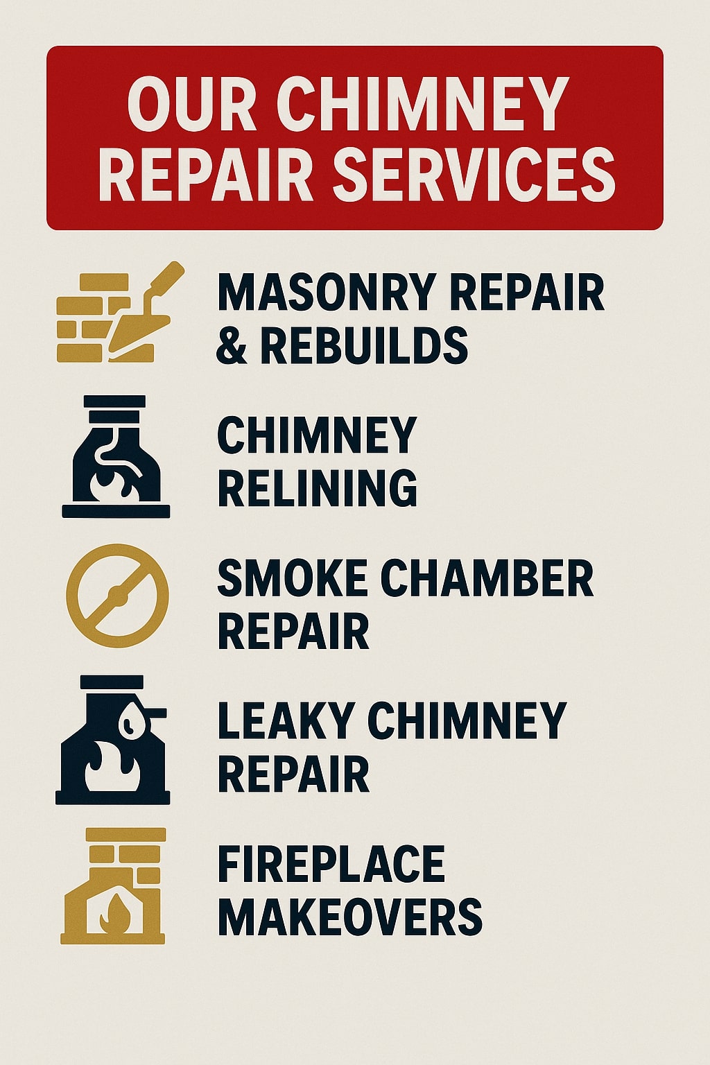 original infographic with a beige background showing chimney repair services. At the top, a bold red rectangle contains the white text 'OUR CHIMNEY REPAIR SERVICES'. Below are five service listings, each paired with an icon: a gold brick wall and trowel for 'MASONRY REPAIR & REBUILDS', a dark chimney silhouette with flame for 'CHIMNEY RELINING', a gold circle with diagonal line for 'SMOKE CHAMBER REPAIR', a dark chimney with water drop for 'LEAKY CHIMNEY REPAIR', and a gold chimney with fire icon for 'FIREPLACE MAKEOVERS'. Text is in bold black font, aligned to the right of the icons.