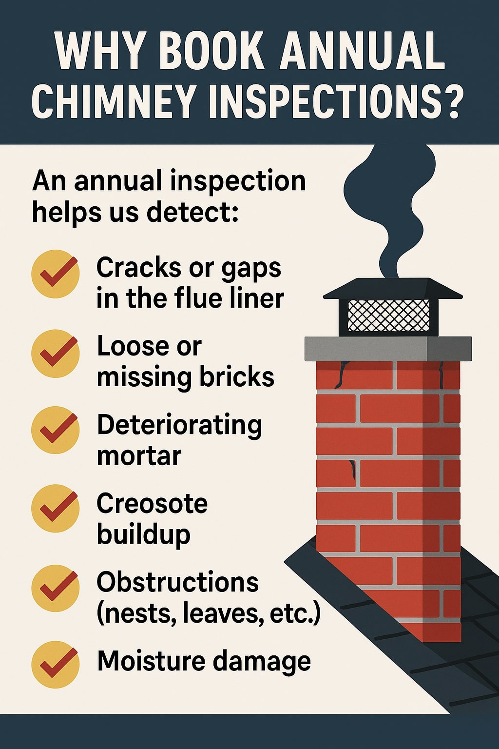 Original infographic showing a red brick chimney with cracks and black smoke rising from the top against a beige background. The title “Why Book Annual Chimney Inspections?” appears in bold white text on a dark blue banner at the top. Below, black text explains “An annual inspection helps us detect:” followed by six bullet points with yellow circles and red check marks listing “Cracks or gaps in the flue liner,” “Loose or missing bricks,” “Deteriorating mortar,” “Creosote buildup,” “Obstructions (nests, leaves, etc.),” and “Moisture damage.” The overall color palette includes dark blue, cream, red, yellow, and black.<br />
