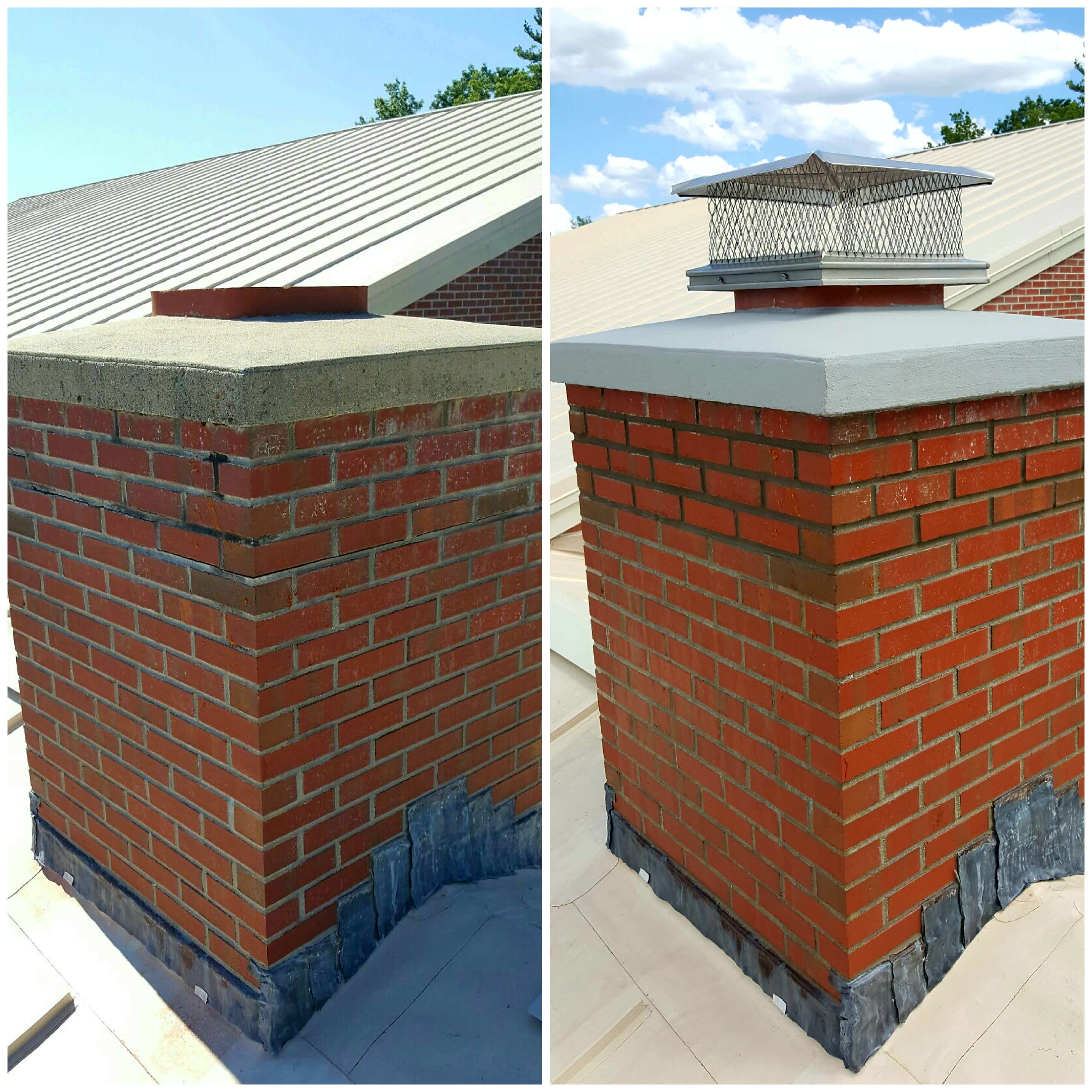 An original before-and-after picture of a chimney with a new chimney cap installed by Ceaser Chimney.